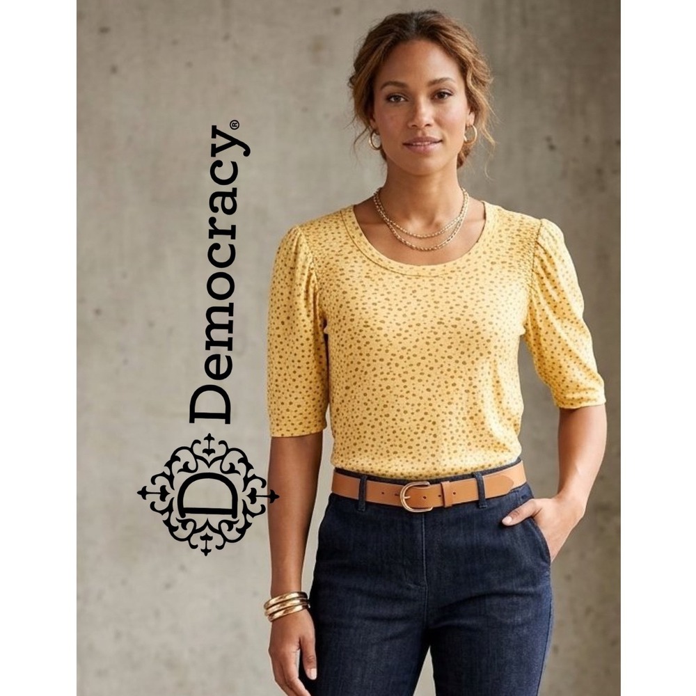 Democracy Mustard Yellow Pebble Print Puff Sleeve Scoop Neck Top Size M